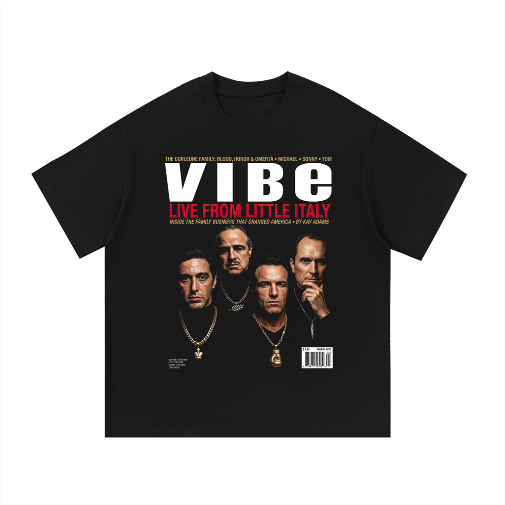 Black oversized streetwear tee with Vibe Magazine Live From Little Italy Godfather cast cover.