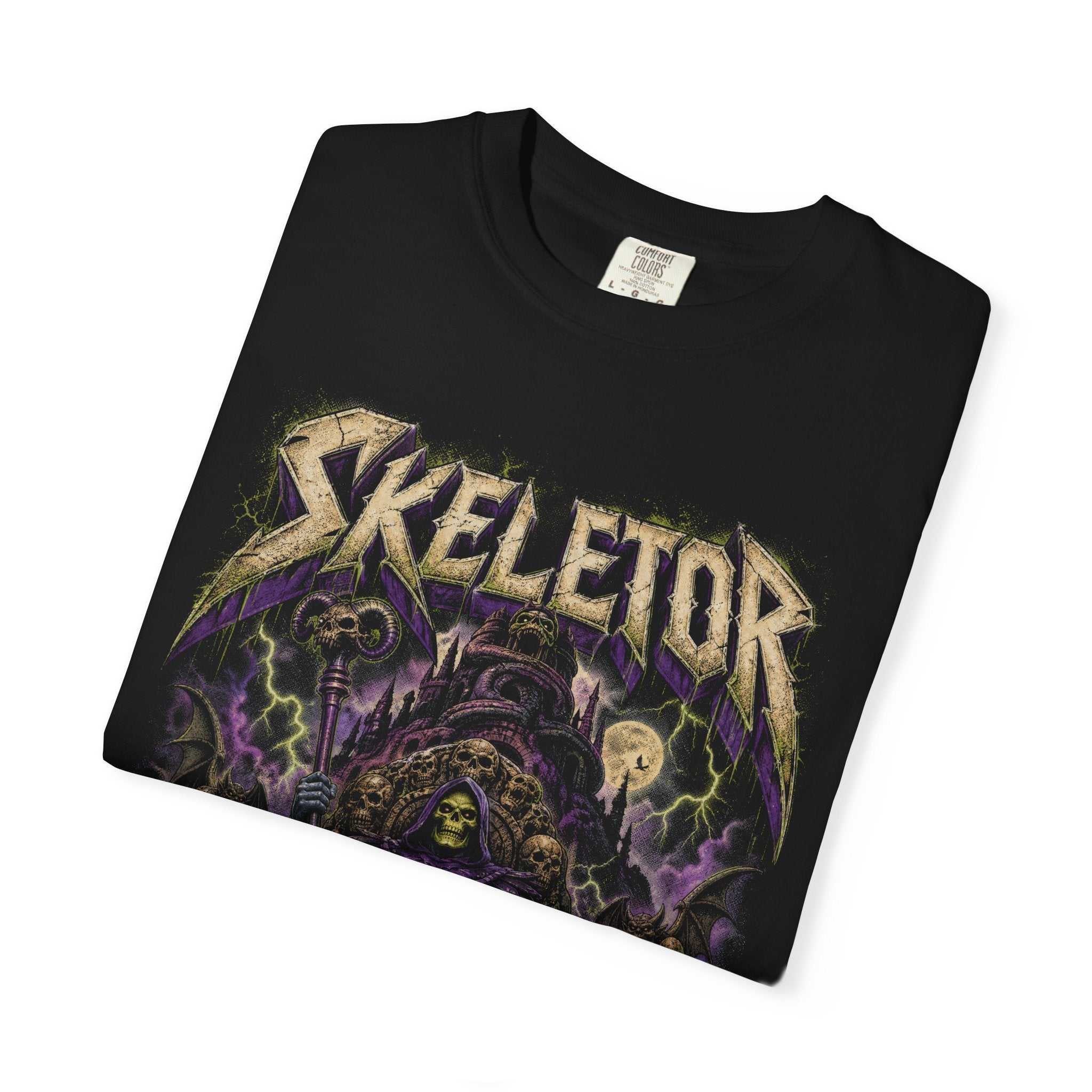 Skeletor Evil Never Rests Graphic Tee | Vintage Heavy Metal Fantasy Shirt