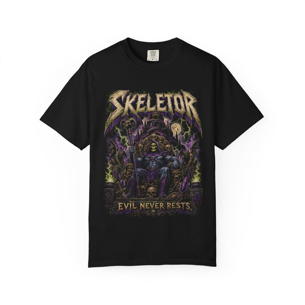 Skeletor Evil Never Rests Graphic Tee | Vintage Heavy Metal Fantasy Shirt