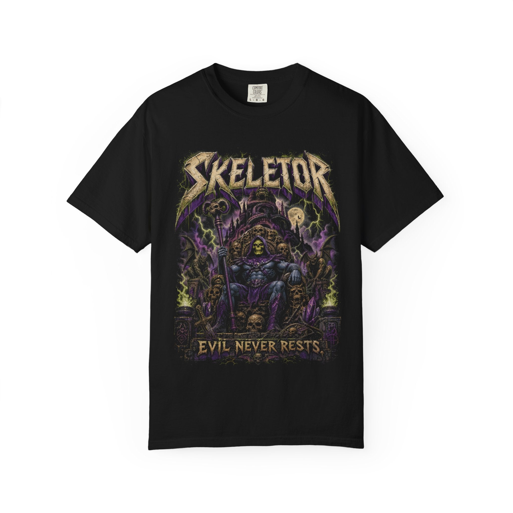 Skeletor Evil Never Rests Graphic Tee | Vintage Heavy Metal Fantasy Shirt
