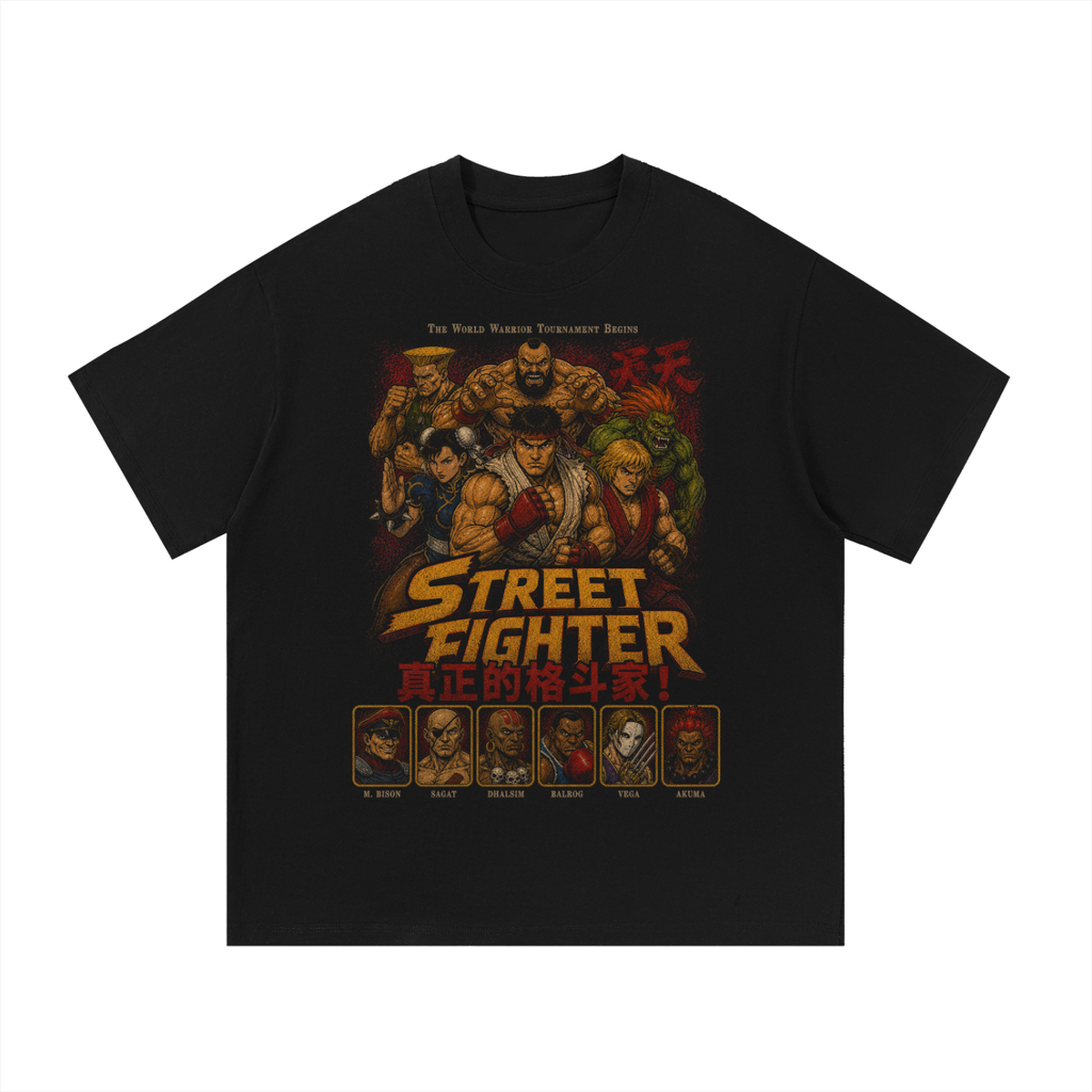 Black oversized streetwear tee with Street Fighter arcade roster bootleg graphic.