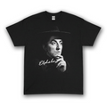 Black tee with high-contrast halftone portrait of Elphaba the Wicked witch wearing a wide-brim hat from Wizard Of Oz.