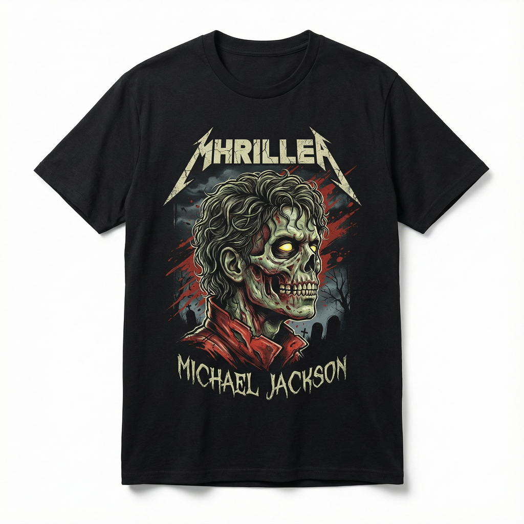 Black tee with halftone Thriller zombie portrait of Michael Jackson, Halloween bootleg graphic style.