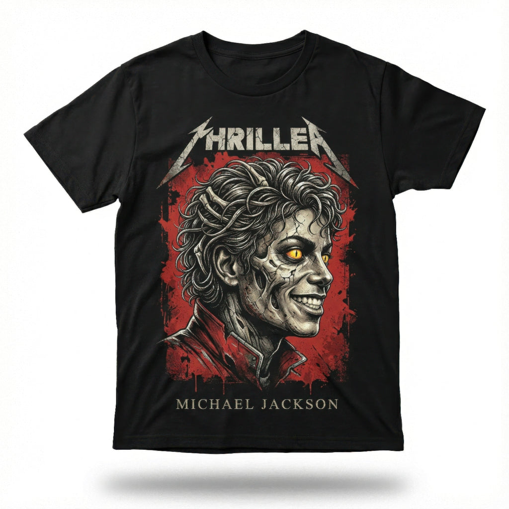 Black tee with 80s metal poster style Thriller zombie graphic featuring Michael Jackson in red leather jacket.