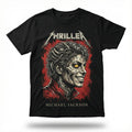 Black tee with 80s metal poster style Thriller zombie graphic featuring Michael Jackson in red leather jacket.