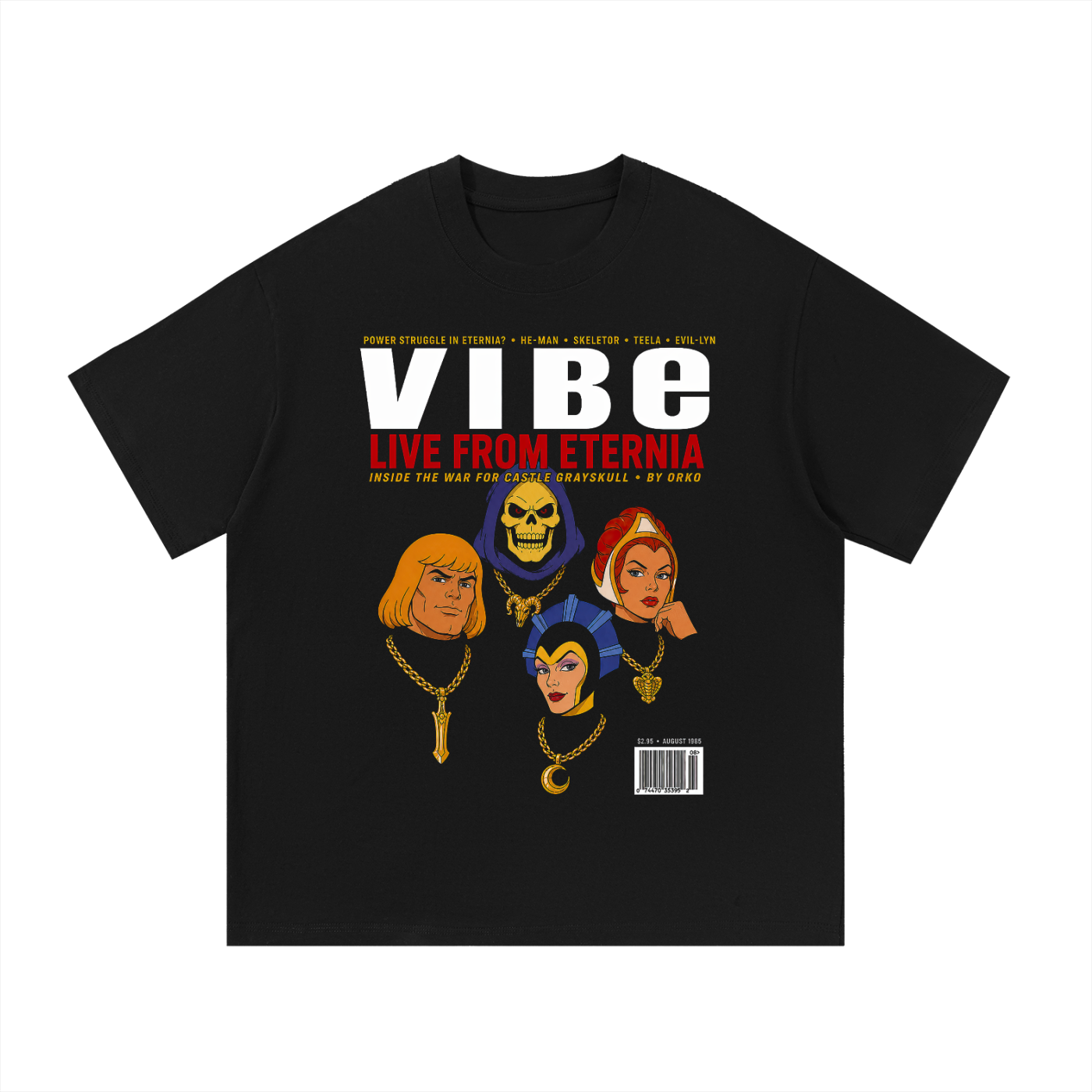 Black oversized streetwear tee with Vibe Magazine Live From Eternia He-Man heroes cover graphic.