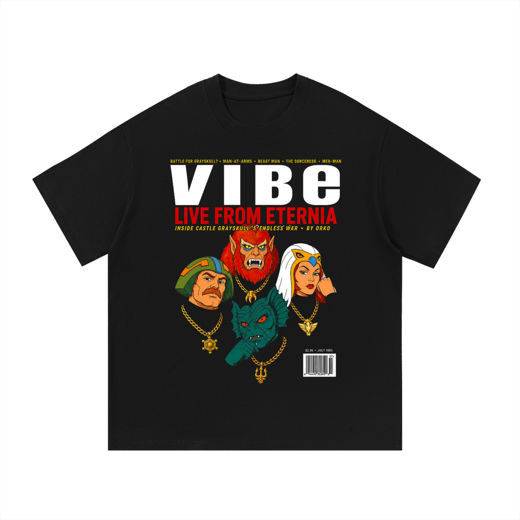 Black oversized streetwear tee with Vibe Magazine He-Man villains cover featuring Beast Man Battle Cat Evil-Lyn.