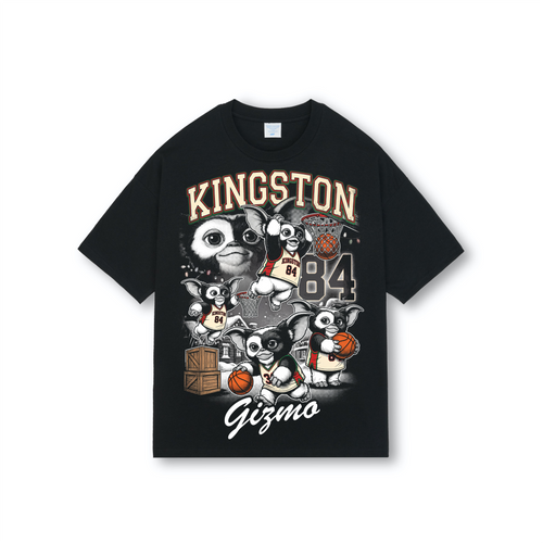 Black oversized basketball-style tee with halftone print of Gizmo from Gremlins in vintage 80s bootleg jersey number 84.