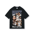 Black oversized basketball-style tee with halftone The Office print of Michael Scott Worlds Best Boss in vintage 90s bootleg jersey layout.