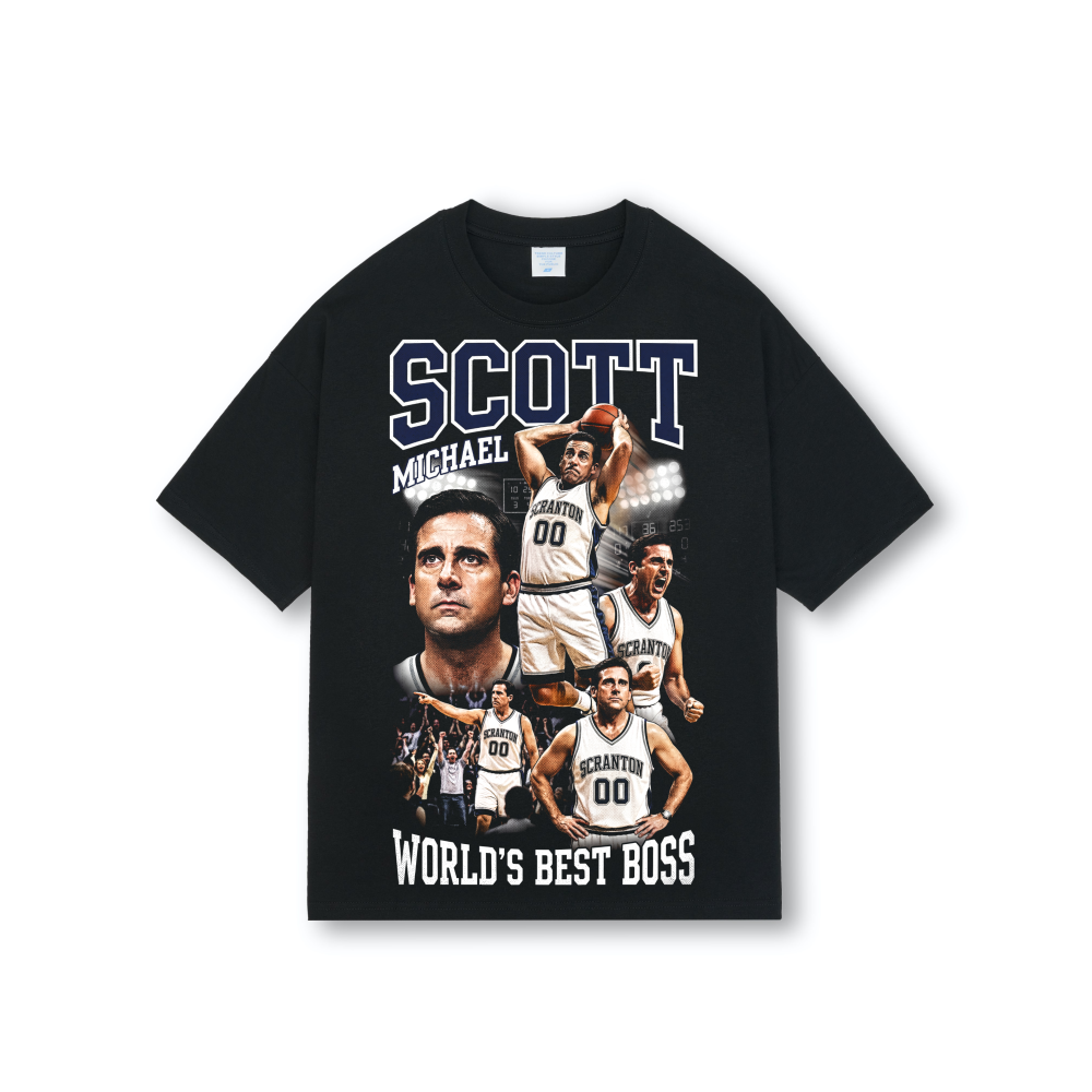 Black oversized basketball-style tee with halftone The Office print of Michael Scott Worlds Best Boss in vintage 90s bootleg jersey layout.