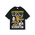 Black oversized basketball-style tee with halftone The Office print of Dwight Schrute Beet Champ in vintage 90s bootleg jersey layout.