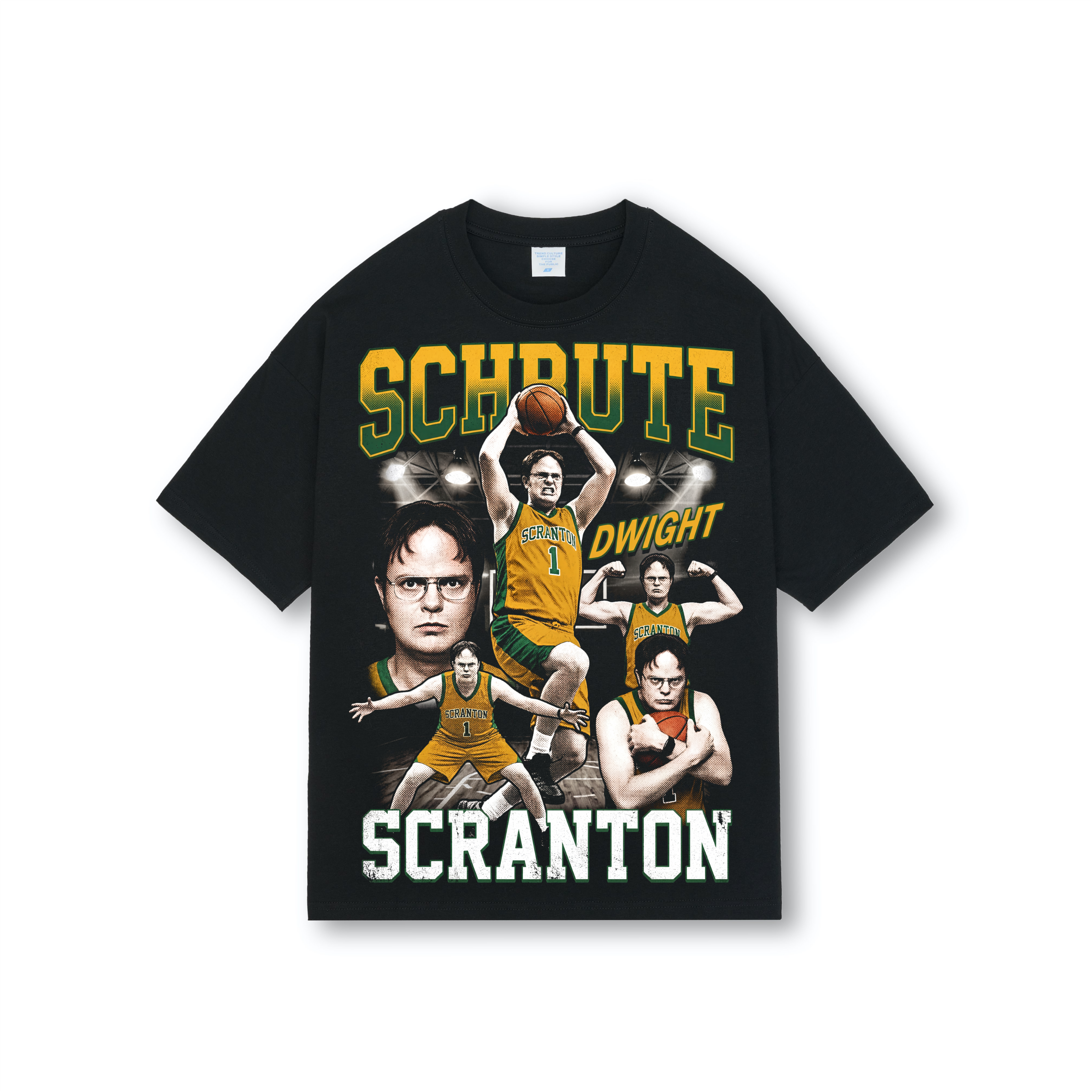 Black oversized basketball-style tee with halftone The Office print of Dwight Schrute Beet Champ in vintage 90s bootleg jersey layout.