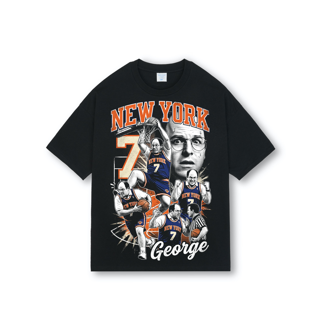 Black oversized basketball-style tee with halftone Seinfeld print of George Costanza NYC in vintage 90s bootleg jersey layout.