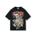 Black oversized basketball-style tee with halftone E.T. print of E.T. Phone Home 82 in vintage 90s bootleg jersey layout.