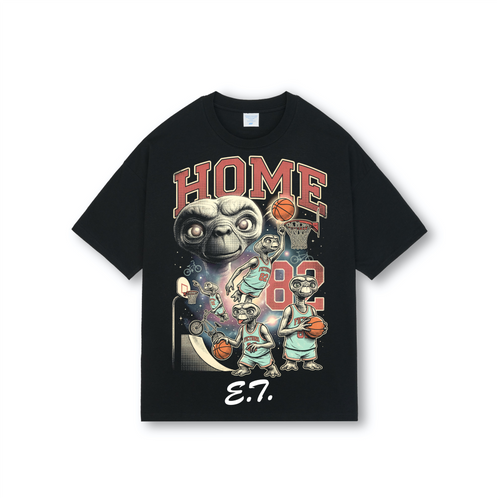 Black oversized basketball-style tee with halftone E.T. print of E.T. Phone Home 82 in vintage 90s bootleg jersey layout.