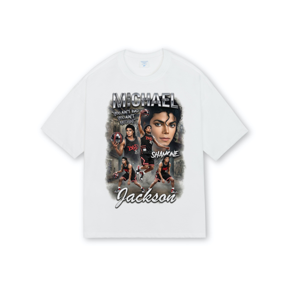Michael Jackson Bad Shamone Basketball White Drop Shoulder Tee