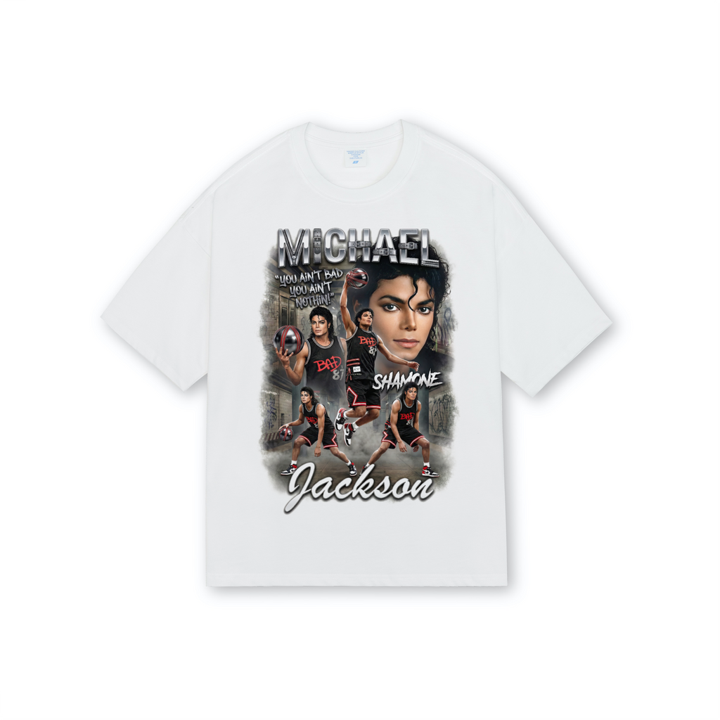 Michael Jackson Bad Shamone Basketball White Drop Shoulder Tee