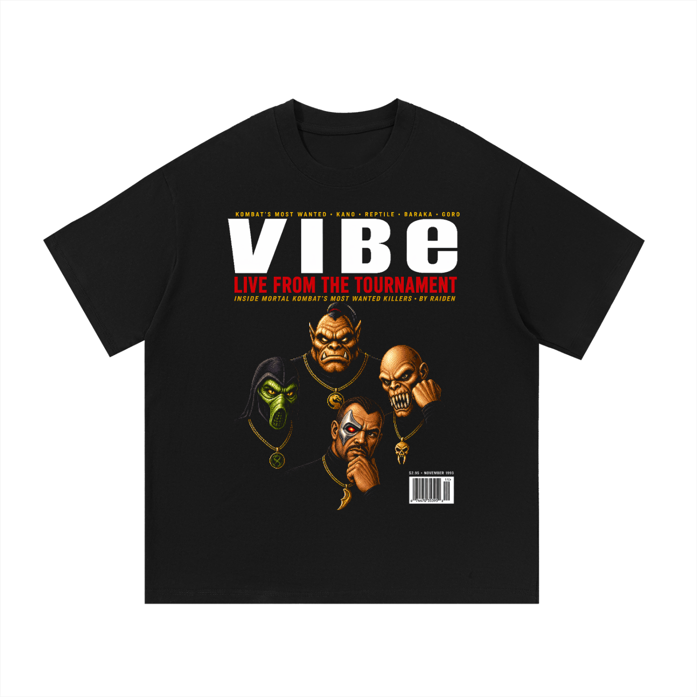 Black oversized streetwear tee with Vibe Magazine MK villains cover featuring Goro, Shao Kahn, Shang Tsung.