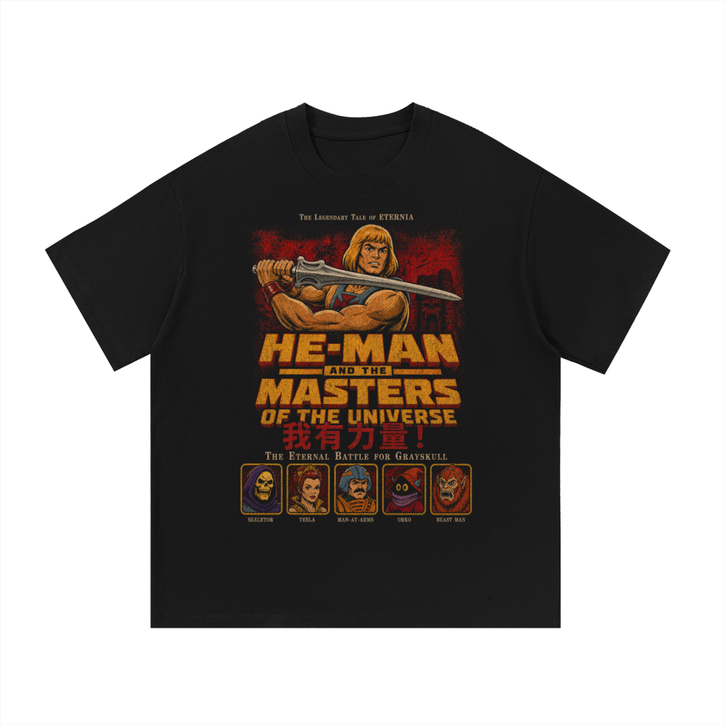 Black oversized streetwear tee with He-Man sword raised plus Masters Of The Universe roster graphic.