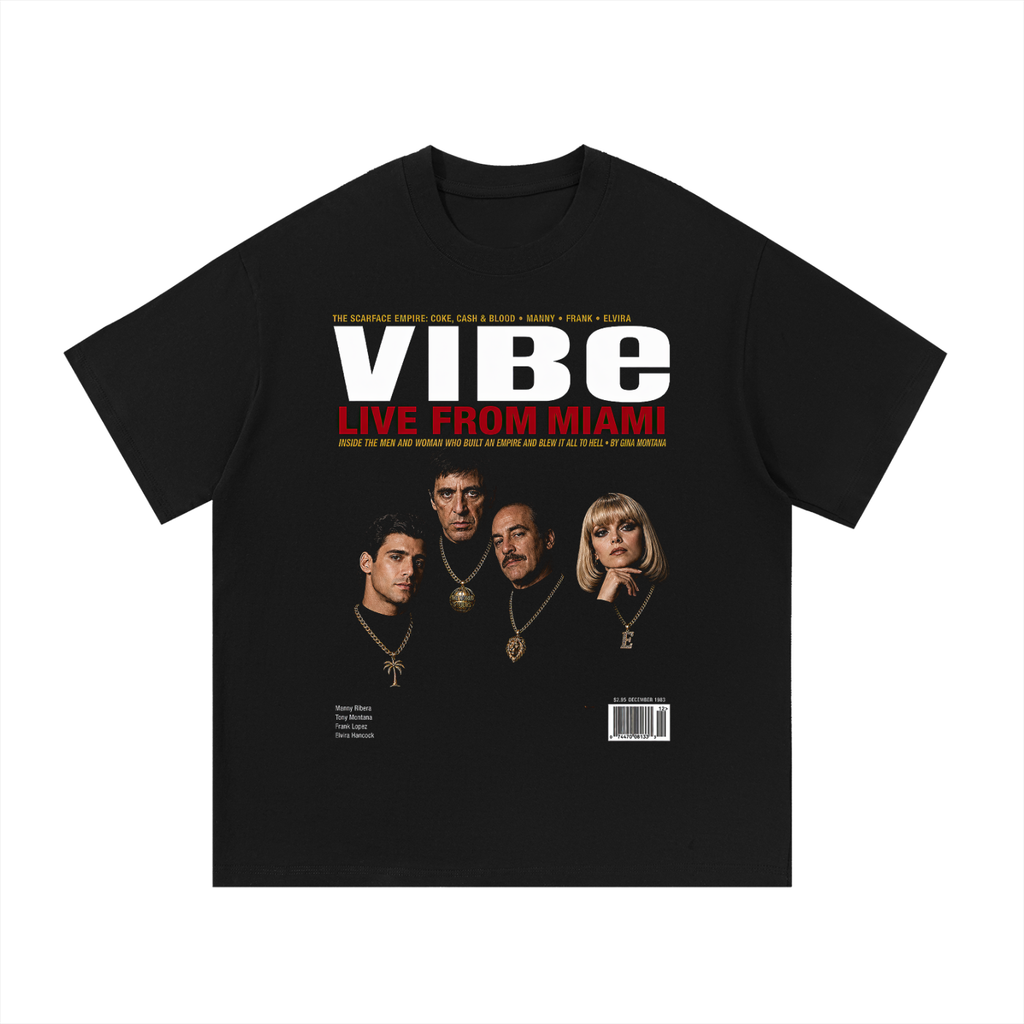 Black oversized streetwear tee with Vibe Magazine Live From Miami Scarface cast cover graphic.