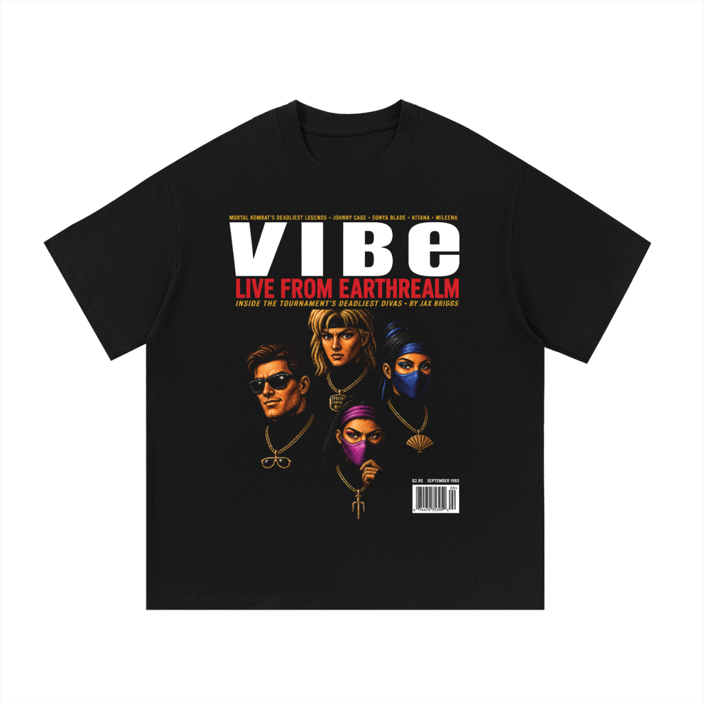 Black oversized streetwear tee with Vibe Magazine Live From Earthrealm MK heroes cover graphic.