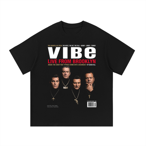 Black oversized streetwear tee with Vibe Magazine Live From Brooklyn Goodfellas cast cover graphic.