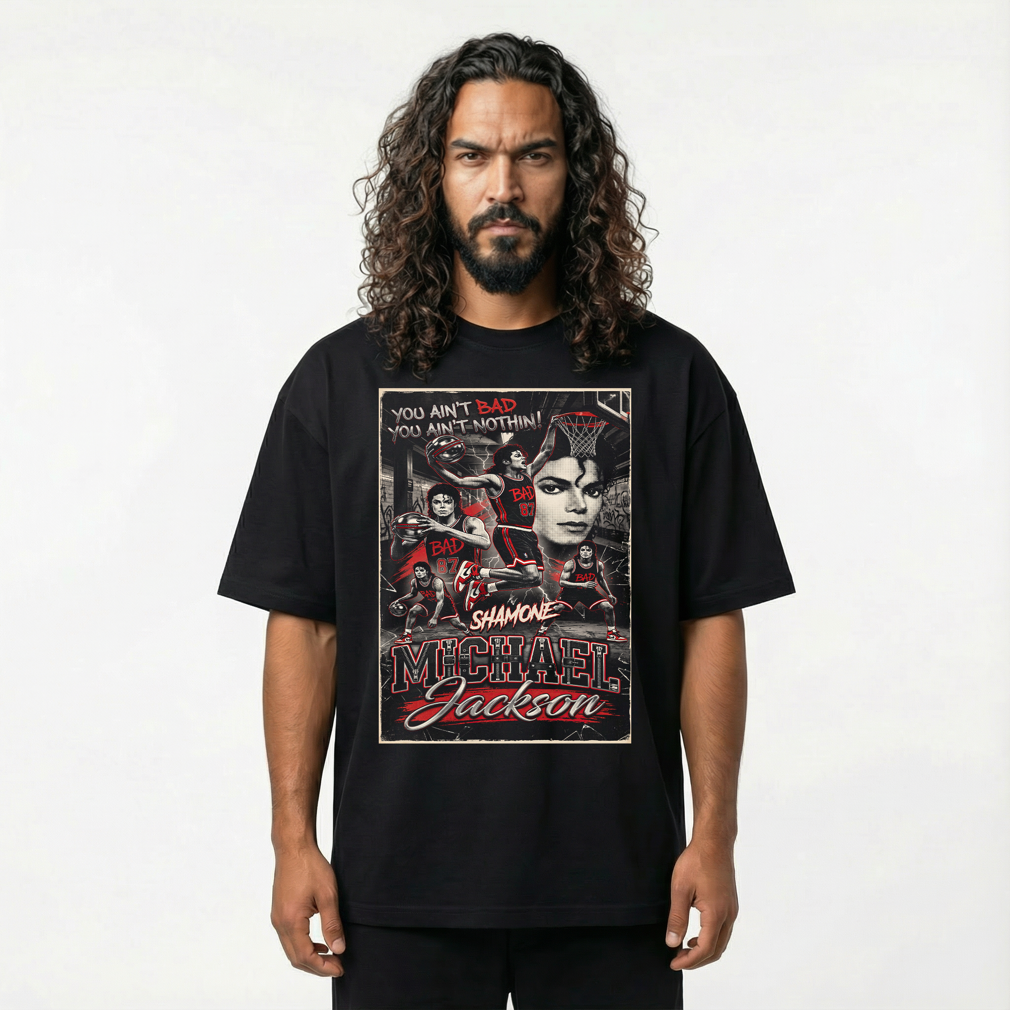 Michael Jackson Bad Poster Basketball Drop Shoulder Tee