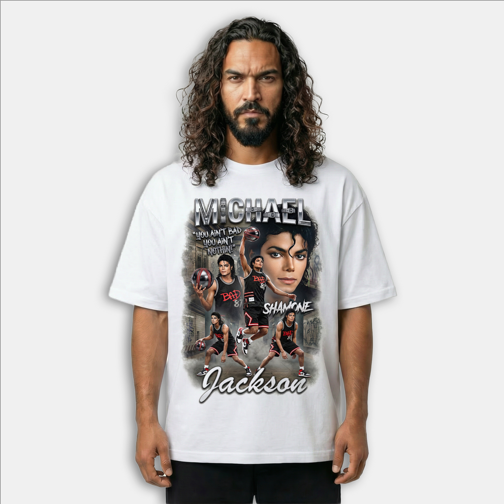 Michael Jackson Bad Shamone Basketball White Drop Shoulder Tee