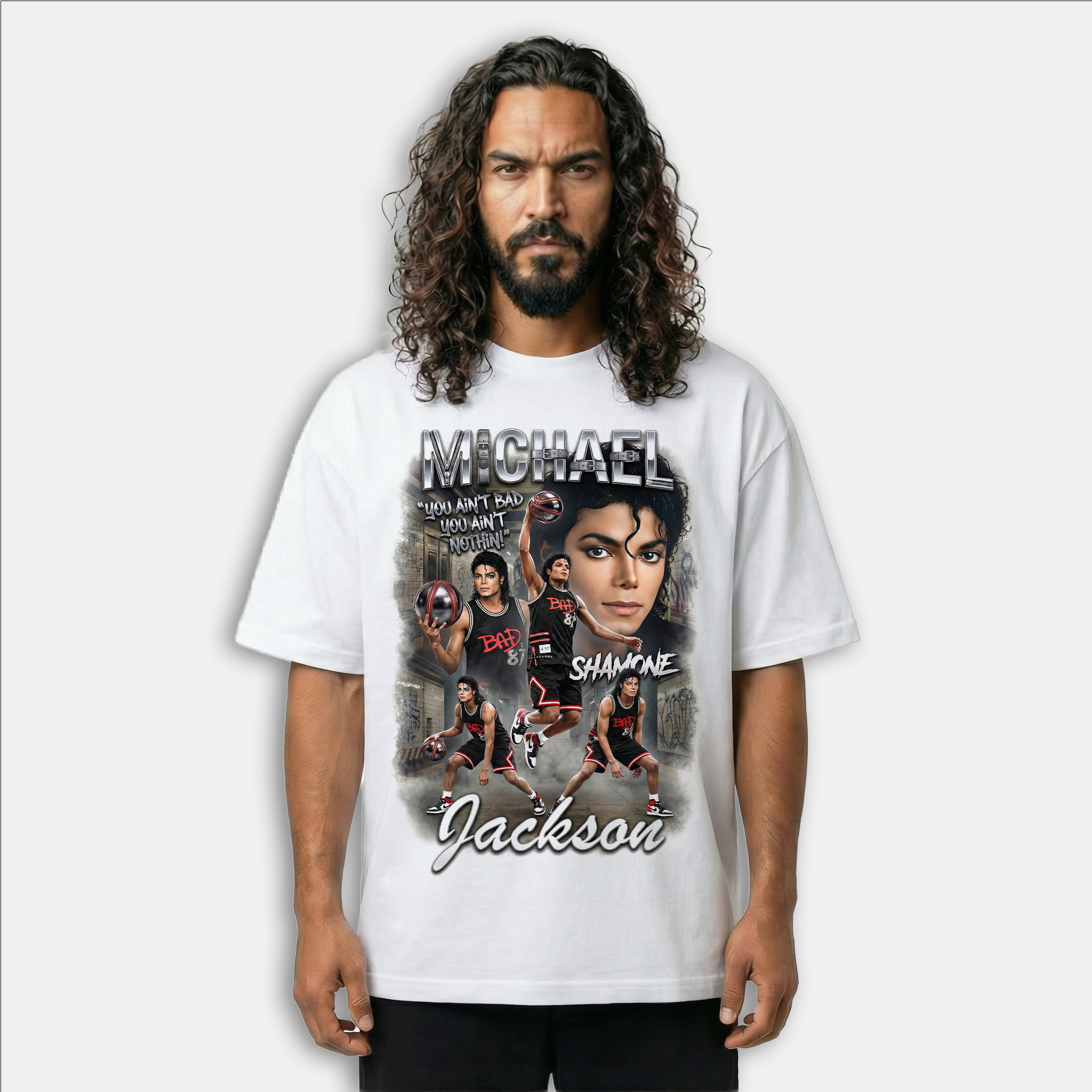 Michael Jackson Bad Shamone Basketball White Drop Shoulder Tee