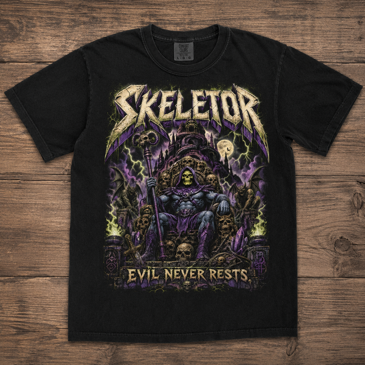 Skeletor Evil Never Rests Graphic Tee | Vintage Heavy Metal Fantasy Shirt