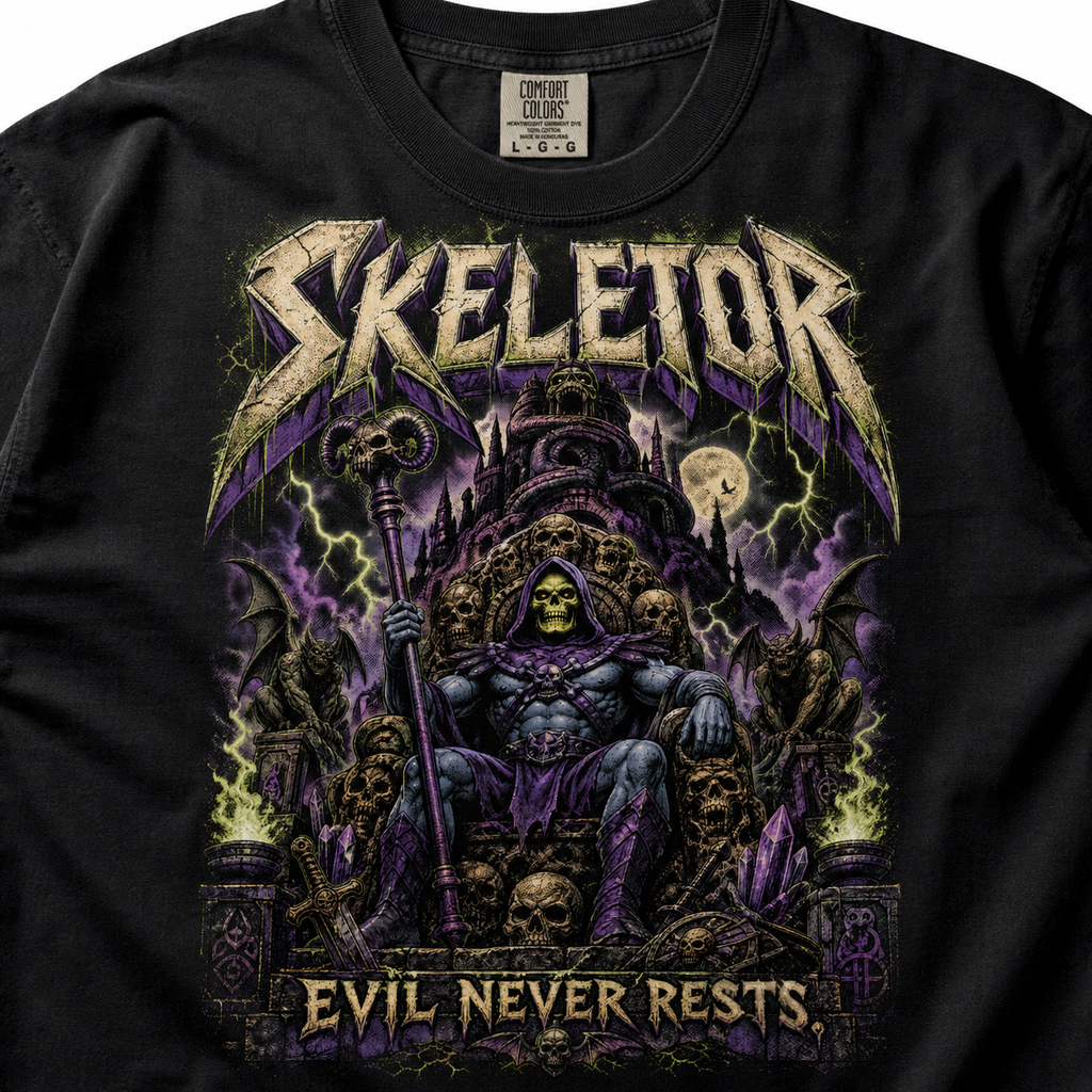Skeletor Evil Never Rests Graphic Tee | Vintage Heavy Metal Fantasy Shirt