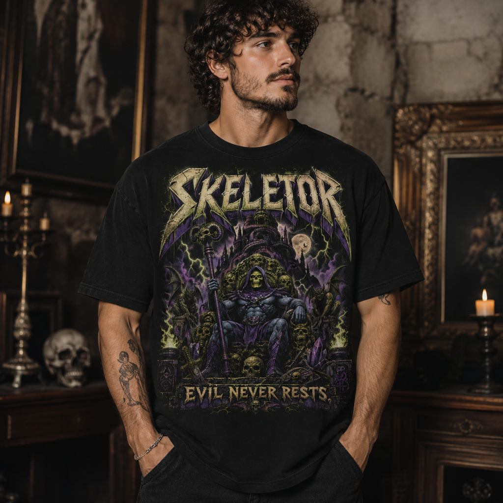 Skeletor Evil Never Rests Graphic Tee | Vintage Heavy Metal Fantasy Shirt