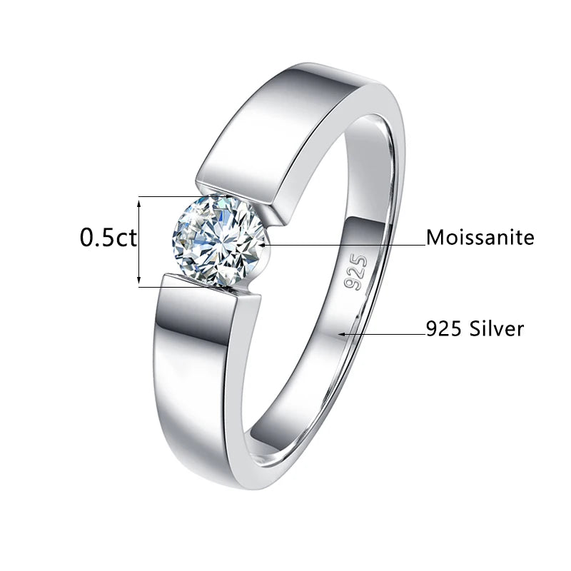 Round Cut Classic | 0.5 to 1ct Men's Moissanite Ring | Solid 925 Silver