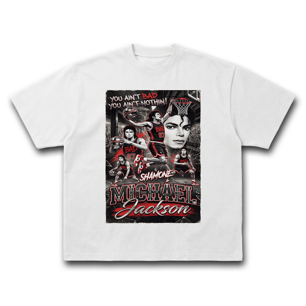 MJ Bad Shamone White Tee - bootleg poster mockup flat