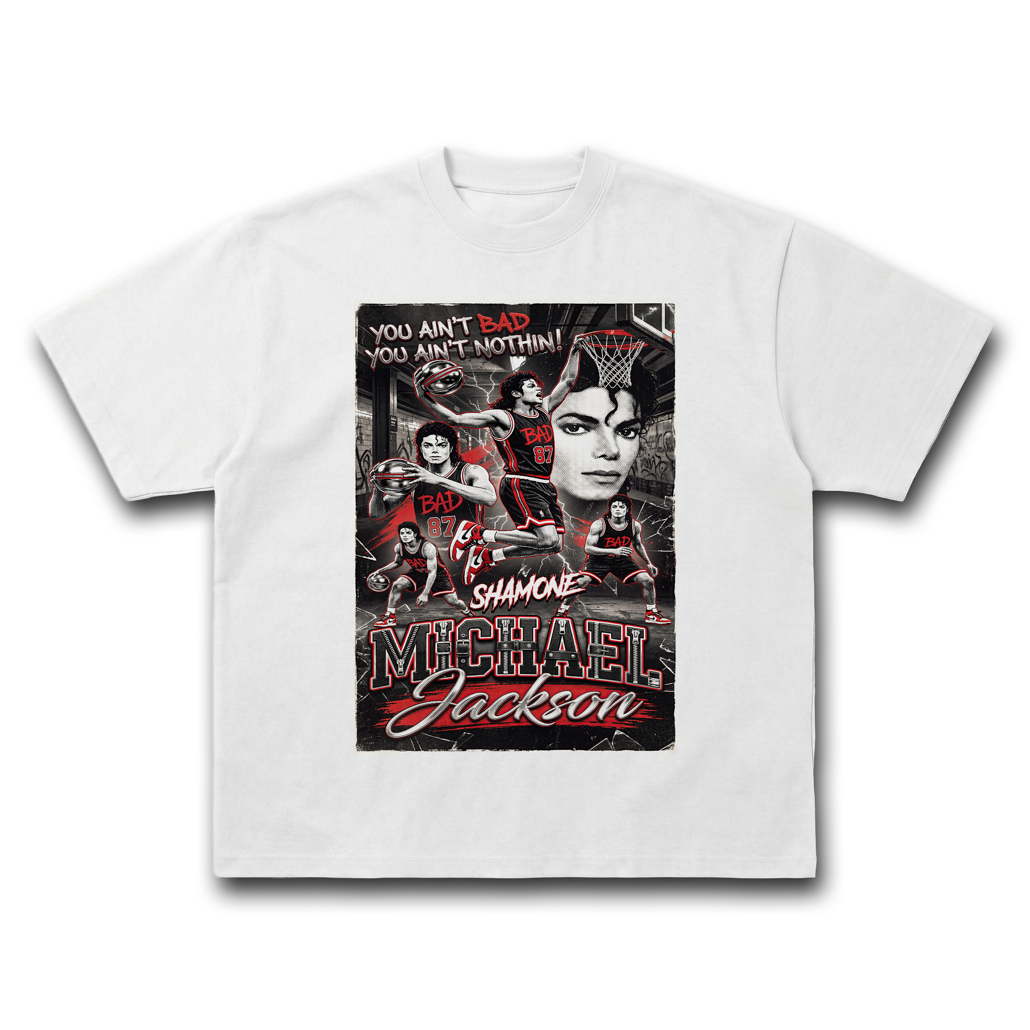 MJ Bad Shamone White Tee - bootleg poster mockup flat
