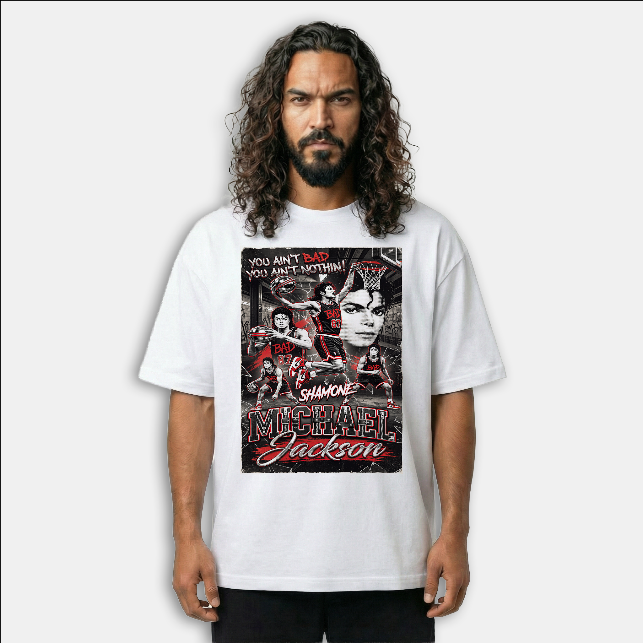 MJ Bad Shamone White Tee - bootleg poster mockup front