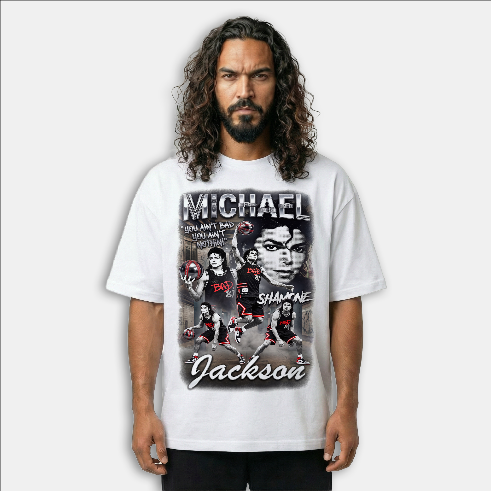 MJ Bad Shamone White Tee - bootleg poster mockup angle