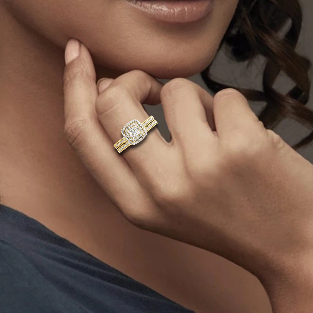 Golden Hour Bridal Set | 2 Piece Moissanite Ring Set | Gold over 925 Silver