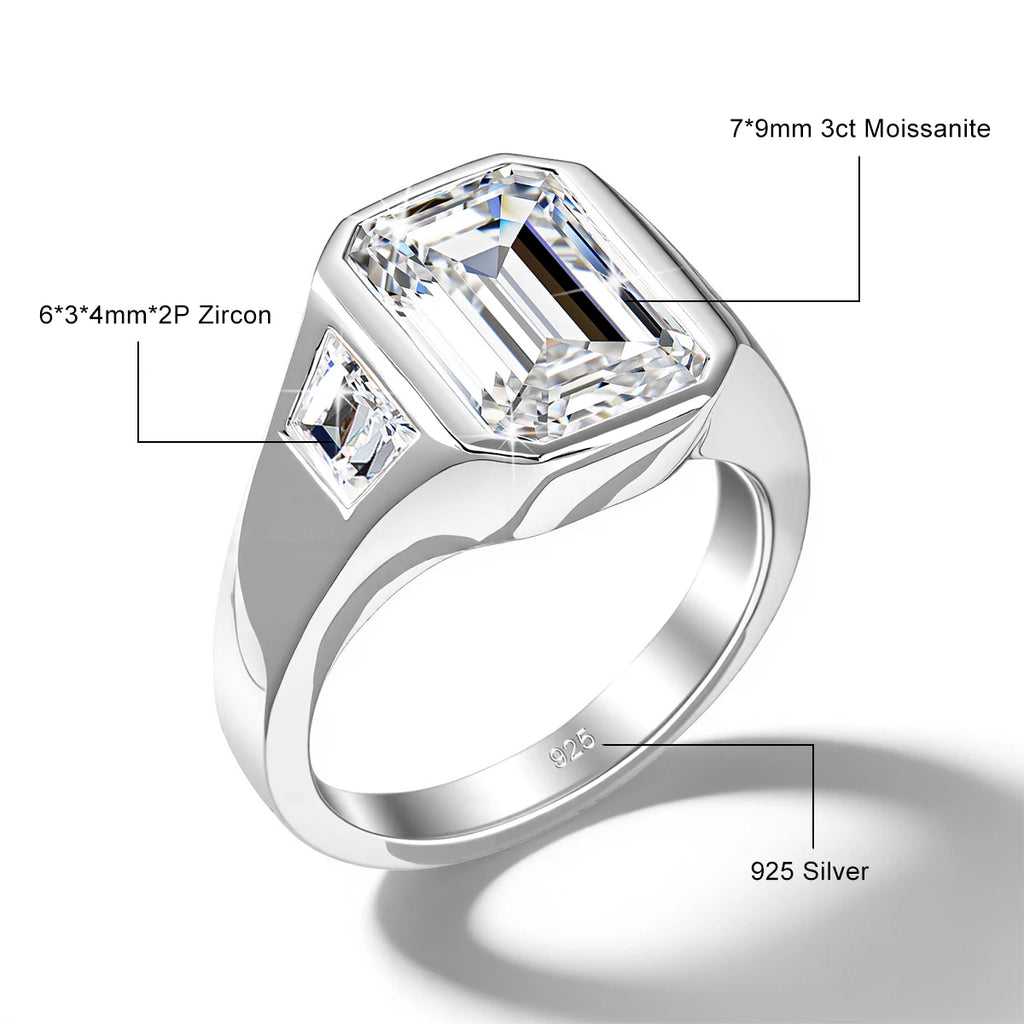 The Trilogy | 3ct Emerald Cut Moissanite Three Stone Ring | 925 Silver