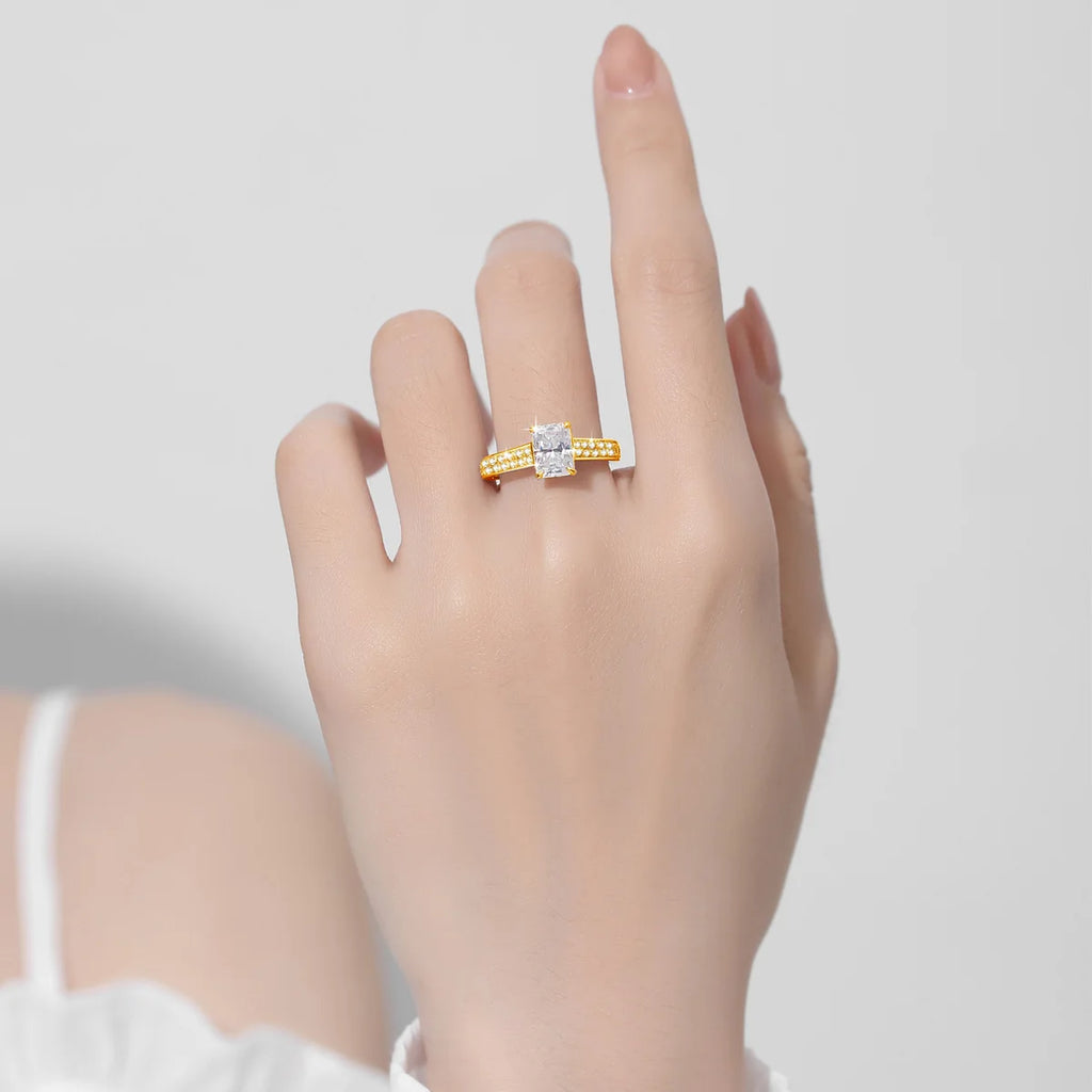 Emerald Gold | 2ct Emerald Cut Moissanite Ring | Yellow Gold over 925