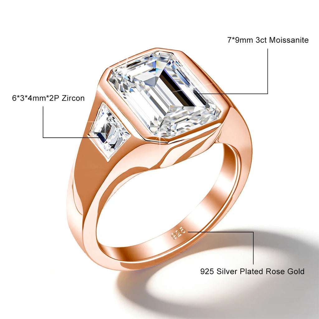 The Trilogy | 3ct Emerald Cut Moissanite Three Stone Ring | 925 Silver