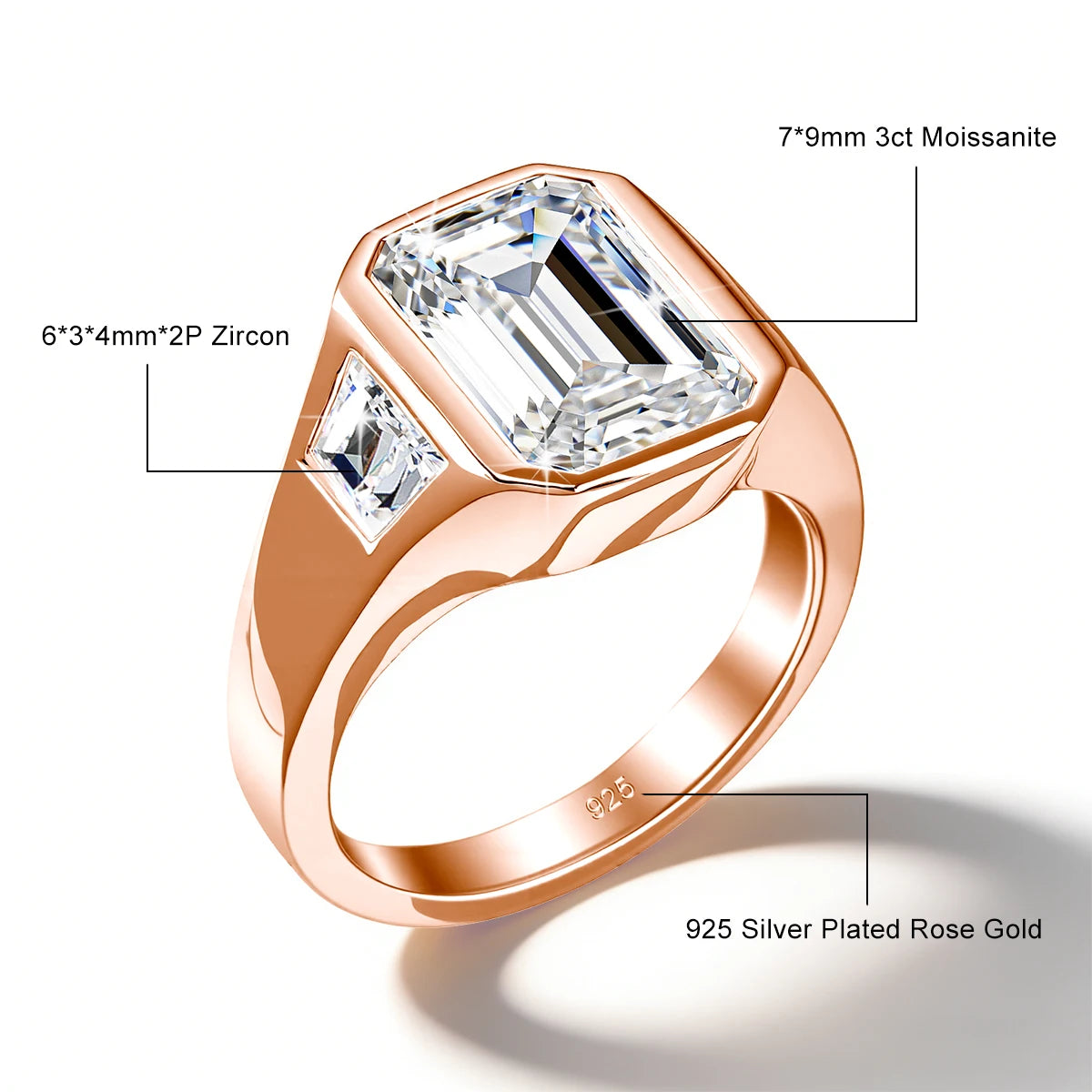 The Trilogy | 3ct Emerald Cut Moissanite Three Stone Ring | 925 Silver