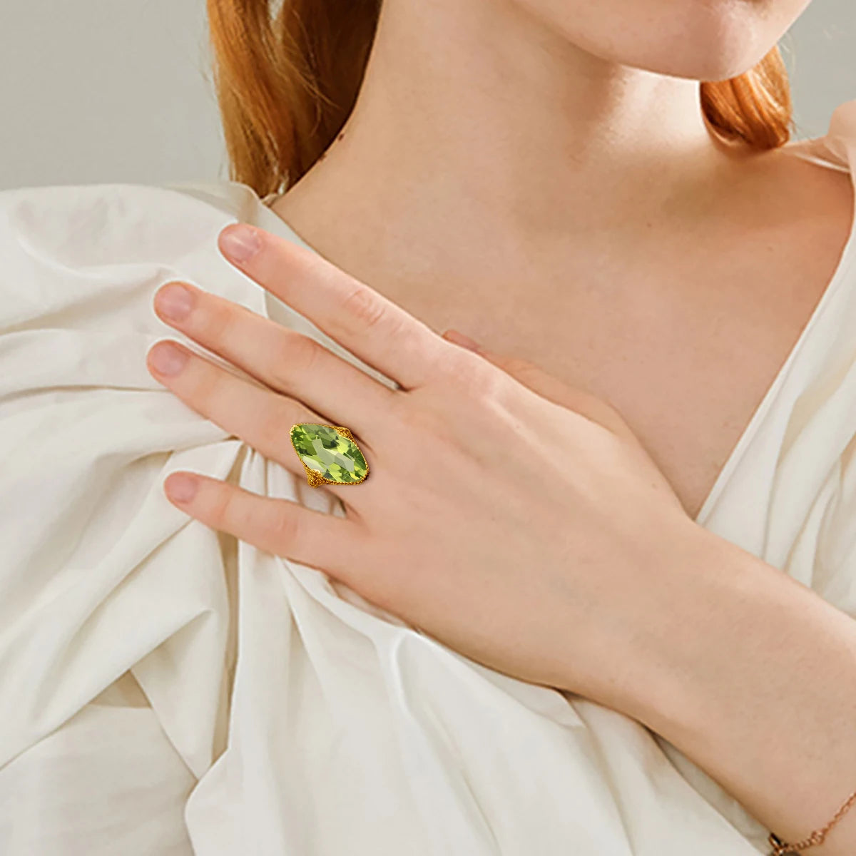 Olive Marquise | 14x26mm Peridot Ring in Gold Tone | Statement Cocktail Ring