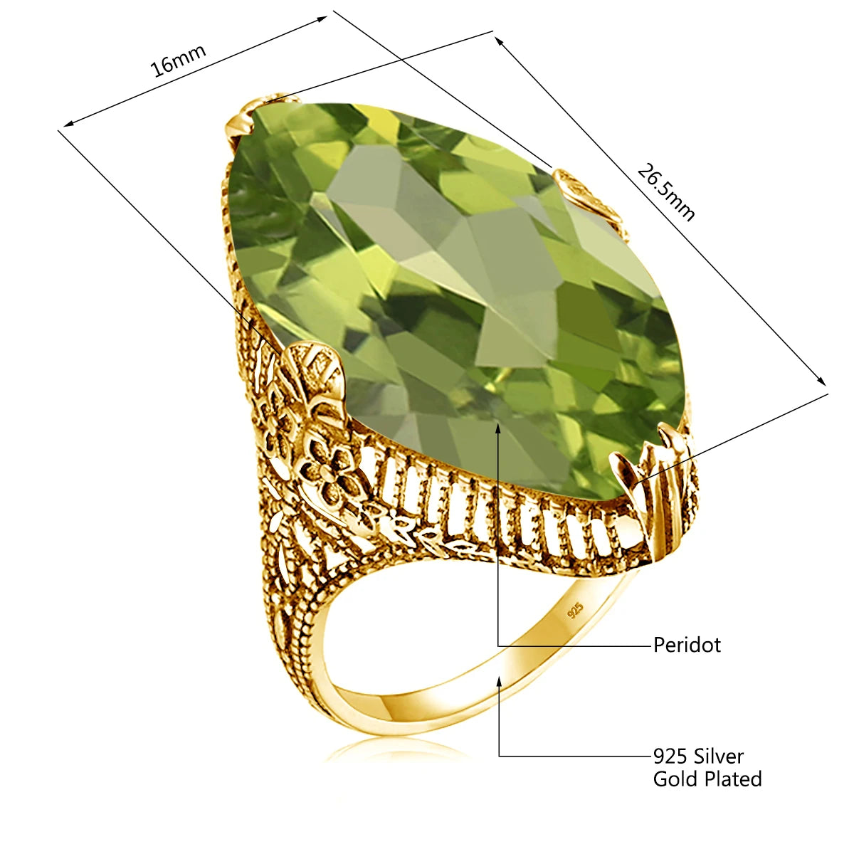 Olive Marquise | 14x26mm Peridot Ring in Gold Tone | Statement Cocktail Ring