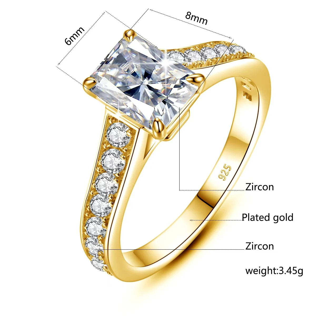 Emerald Gold | 2ct Emerald Cut Moissanite Ring | Yellow Gold over 925