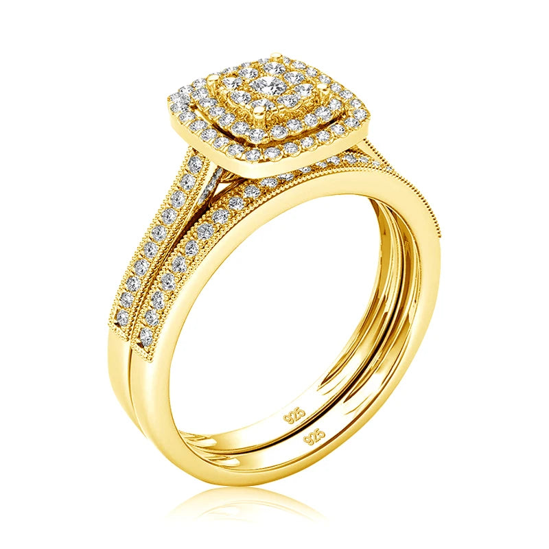Golden Hour Bridal Set | 2 Piece Moissanite Ring Set | Gold over 925 Silver