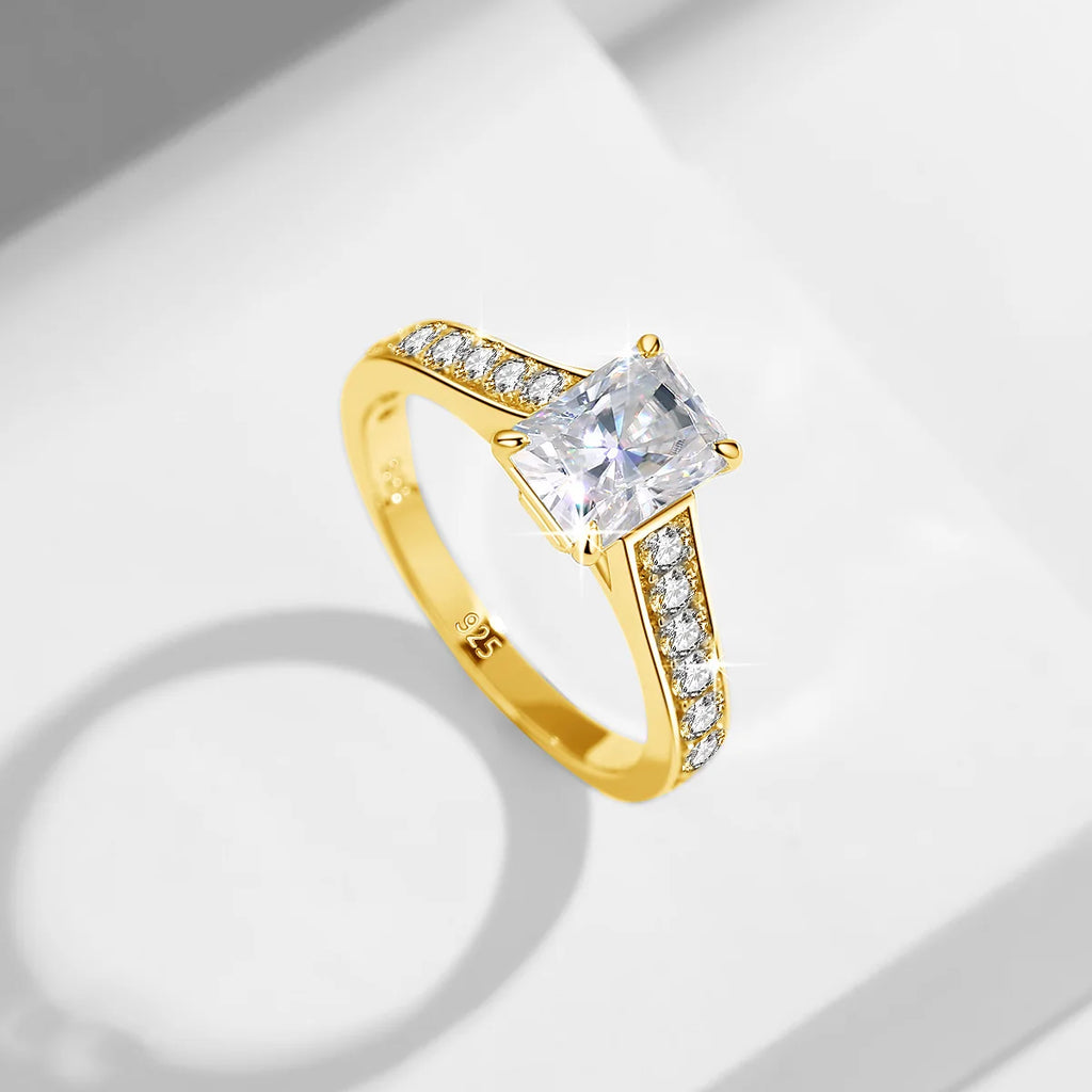 Emerald Gold | 2ct Emerald Cut Moissanite Ring | Yellow Gold over 925