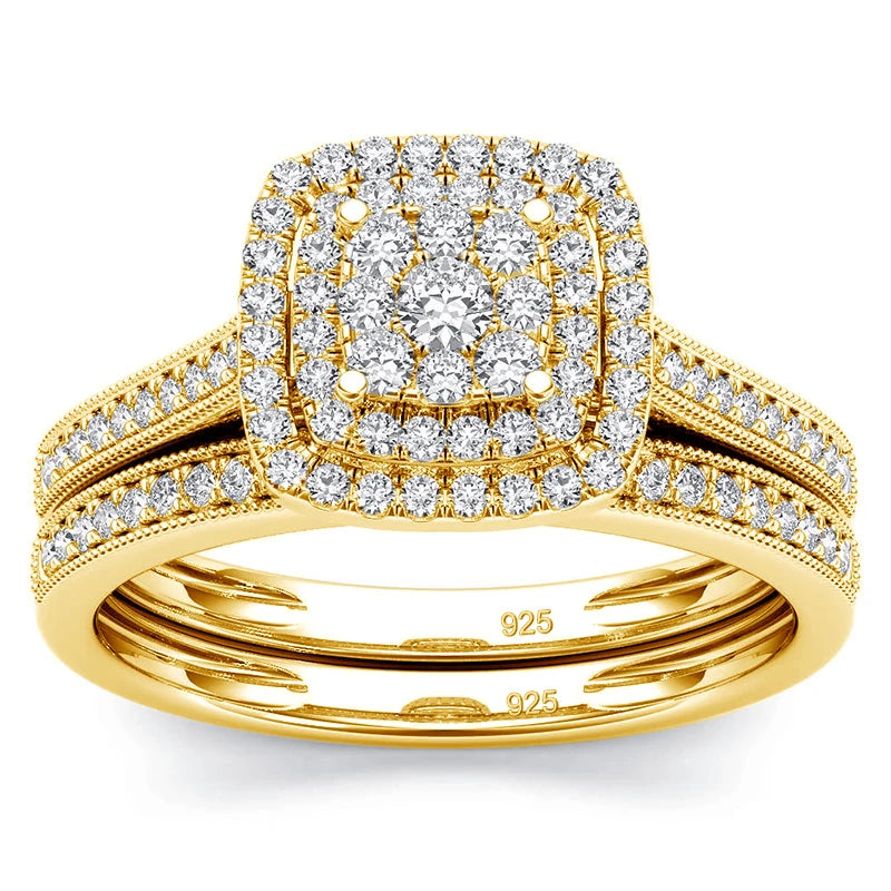 Golden Hour Bridal Set | 2 Piece Moissanite Ring Set | Gold over 925 Silver