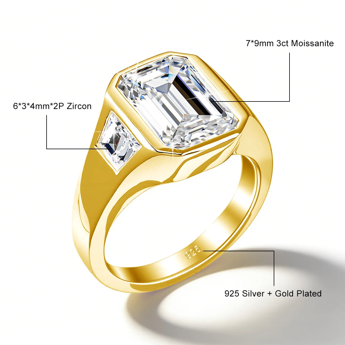The Trilogy | 3ct Emerald Cut Moissanite Three Stone Ring | 925 Silver