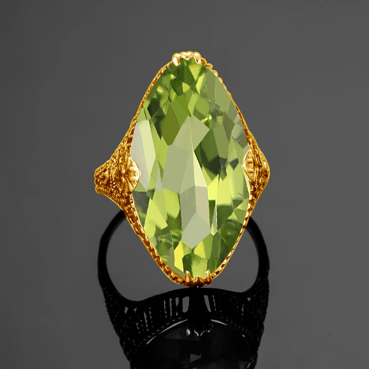 Olive Marquise | 14x26mm Peridot Ring in Gold Tone | Statement Cocktail Ring